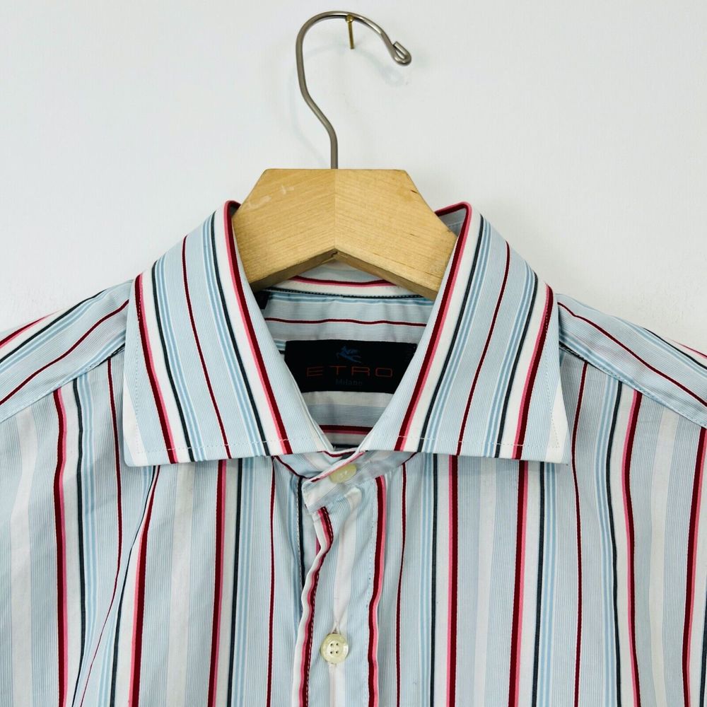 Etro Shirt M UK Blue Red Striped Cotton Tailored Long Sleeve Logo Classic - Picture 4 of 12